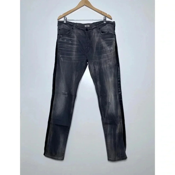 True Religion Mens Gray Rocco Relaxed Skinny Light Distressed Side Stripe Jeans - Picture 1 of 11